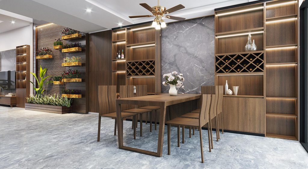 Phòng khách liền bếp với vách ngăn thoáng giúp tối ưu diện tích sử dụng dù chỉ 50m2/ mặt sàn.