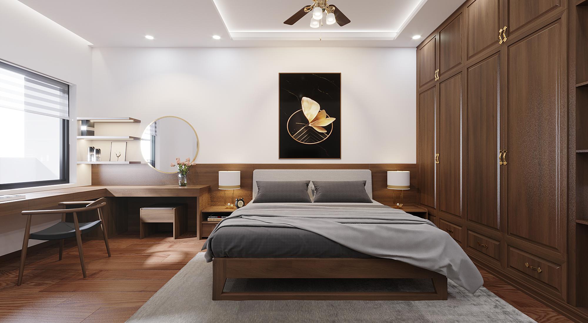 Phòng ngủ master giản đơn với chất liệu chủ đạo vẫn là giả gỗ tự nhiên.