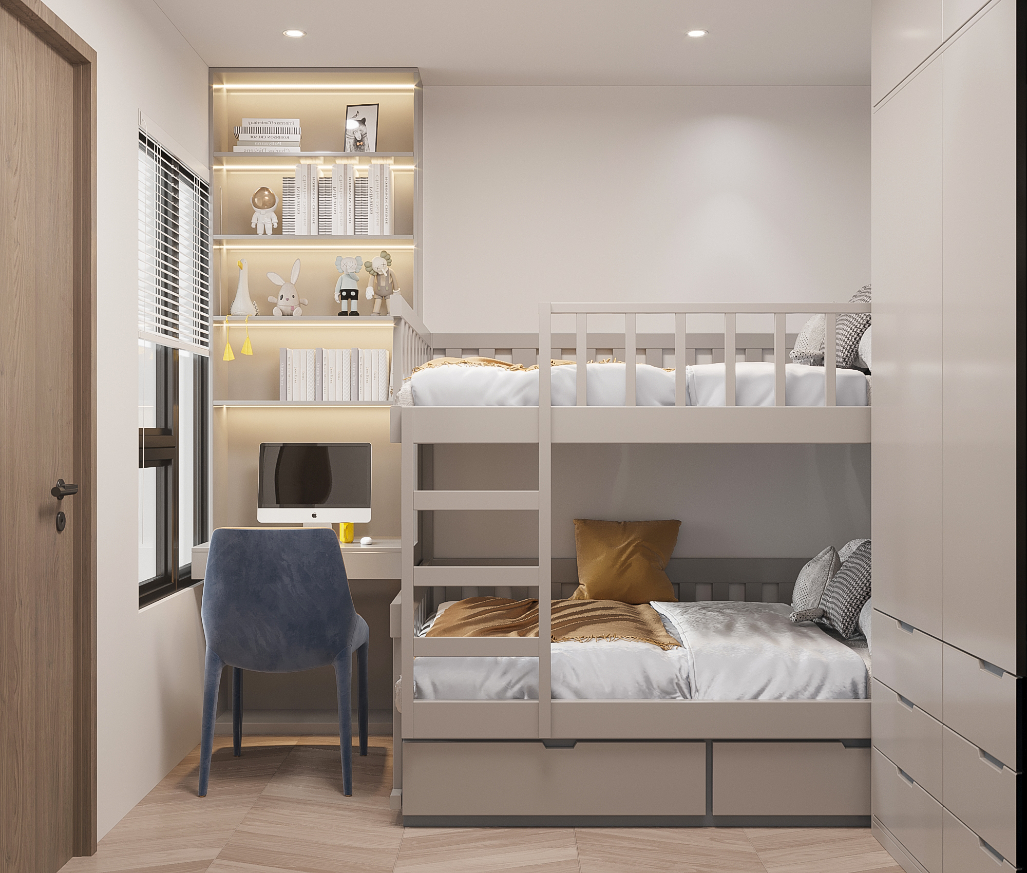 Với diện tích nhỏ hẹp, giường tầng là thiết kế tối ưu cho phòng ngủ chung của 2 em bé.
