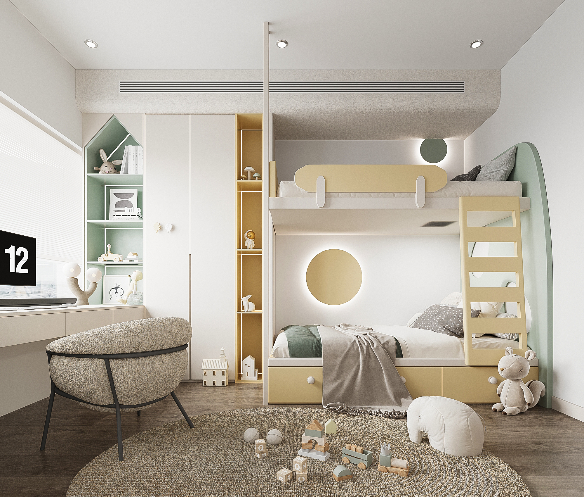 Phòng ngủ của 2 bé được thiết kế màu vàng chủ đạo tươi vui, năng động.