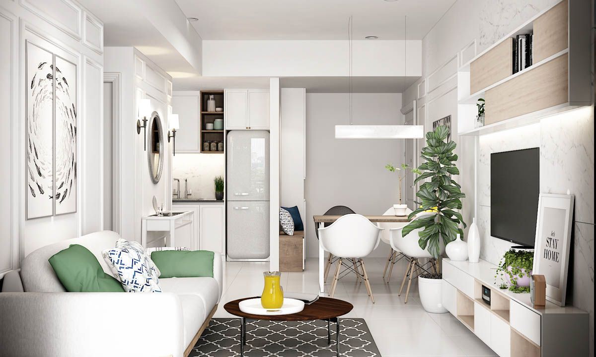 Thiết kế mở phòng khách liền bếp không tường, không vách ngăn là giải pháp tối ưu cho căn hộ 50m2 nhỏ bé.
