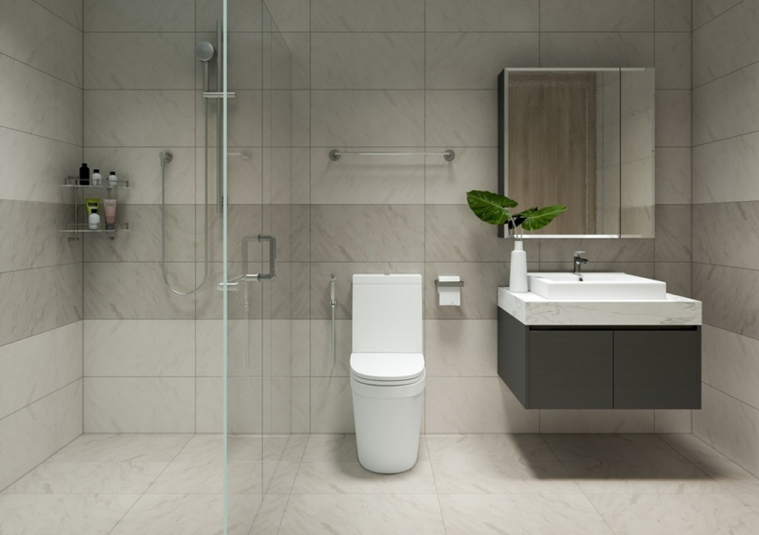 Thiết kế nhà vệ sinh hiện đại, có vách kính ngăn trong suốt kết hợp với phòng tắm tiện nghi