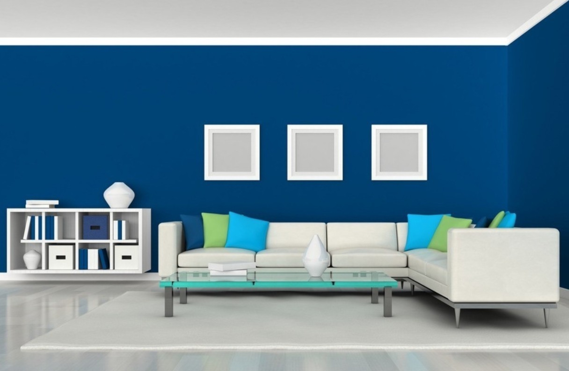 Phòng khách ấn tượng với sự tương phản giữa hai khối màu xanh dương - trắng.