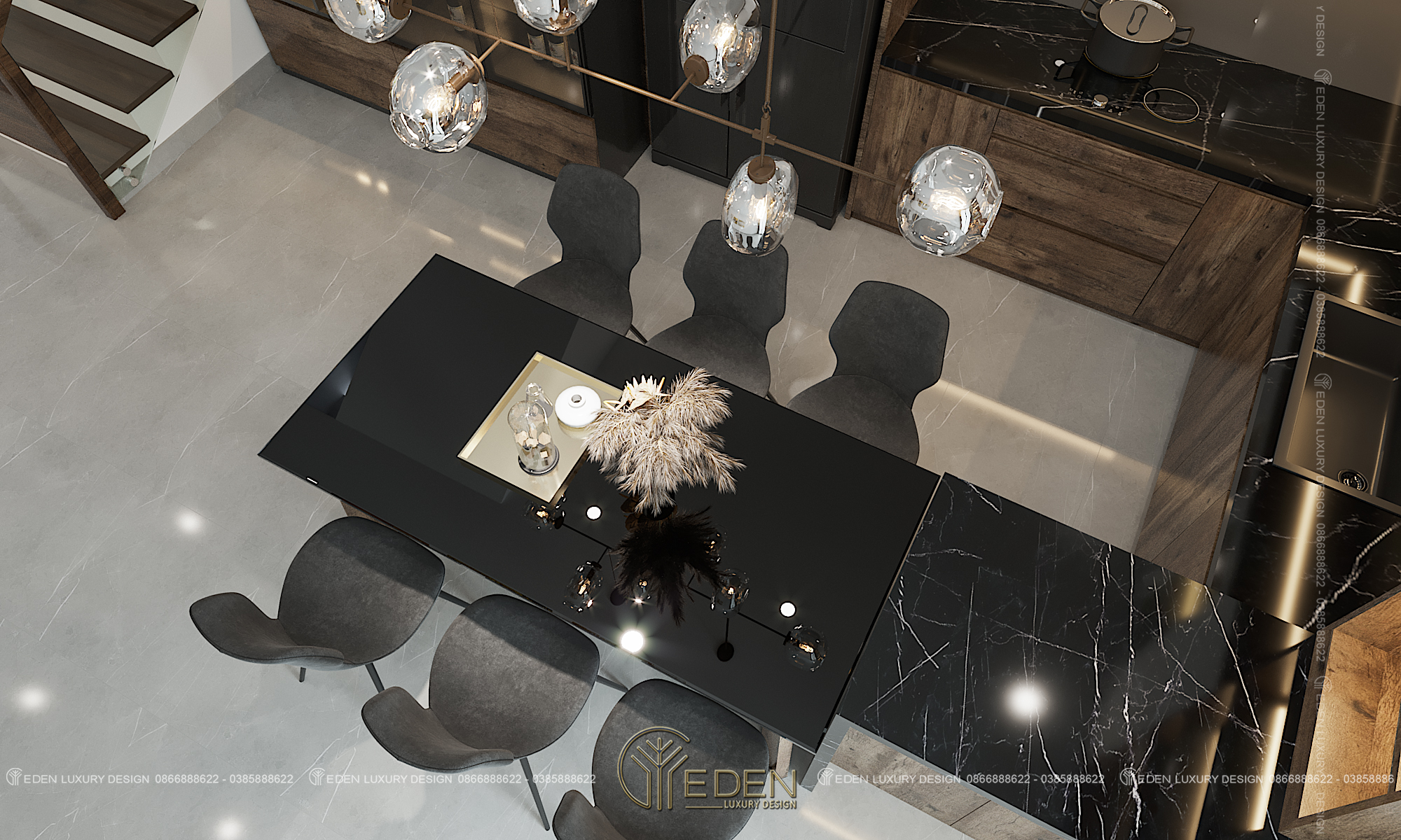 Mặt bàn, ghế và bàn bếp màu đen tôn lên vẻ sang trọng, hiện đại và cá tính.