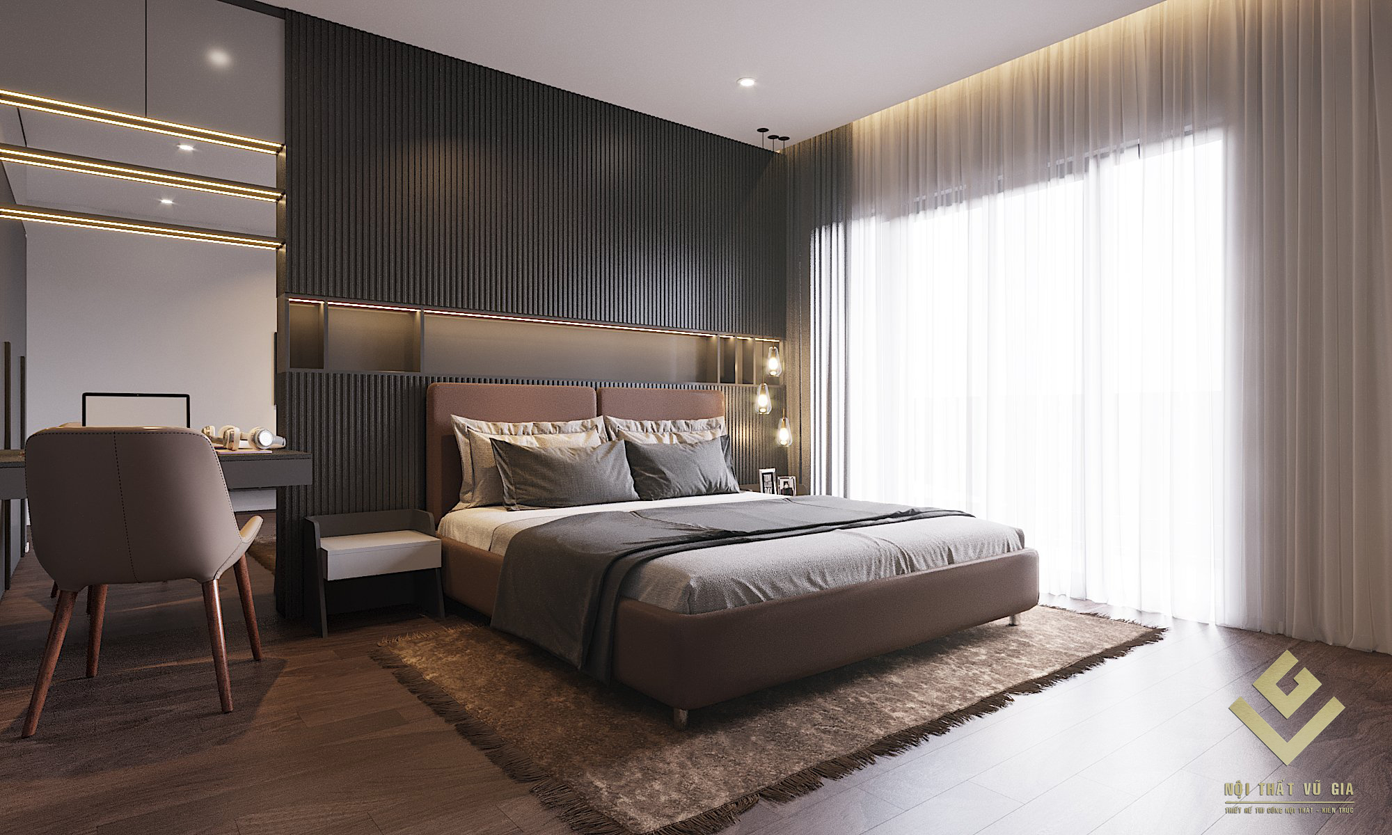 Phòng ngủ số 2 có diện tích lớn hơn, tương đương phòng master với gam màu ấm nóng chủ đạo.