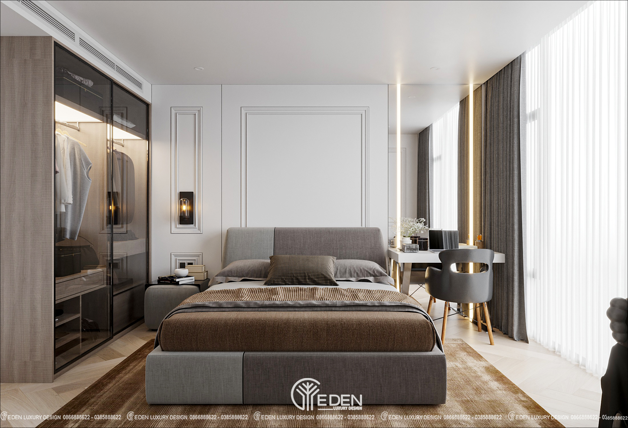 Phòng ngủ số 1 được thiết kế hiện đại, đơn giản với tone màu ghi - trắng sang trọng, lịch thiệp.