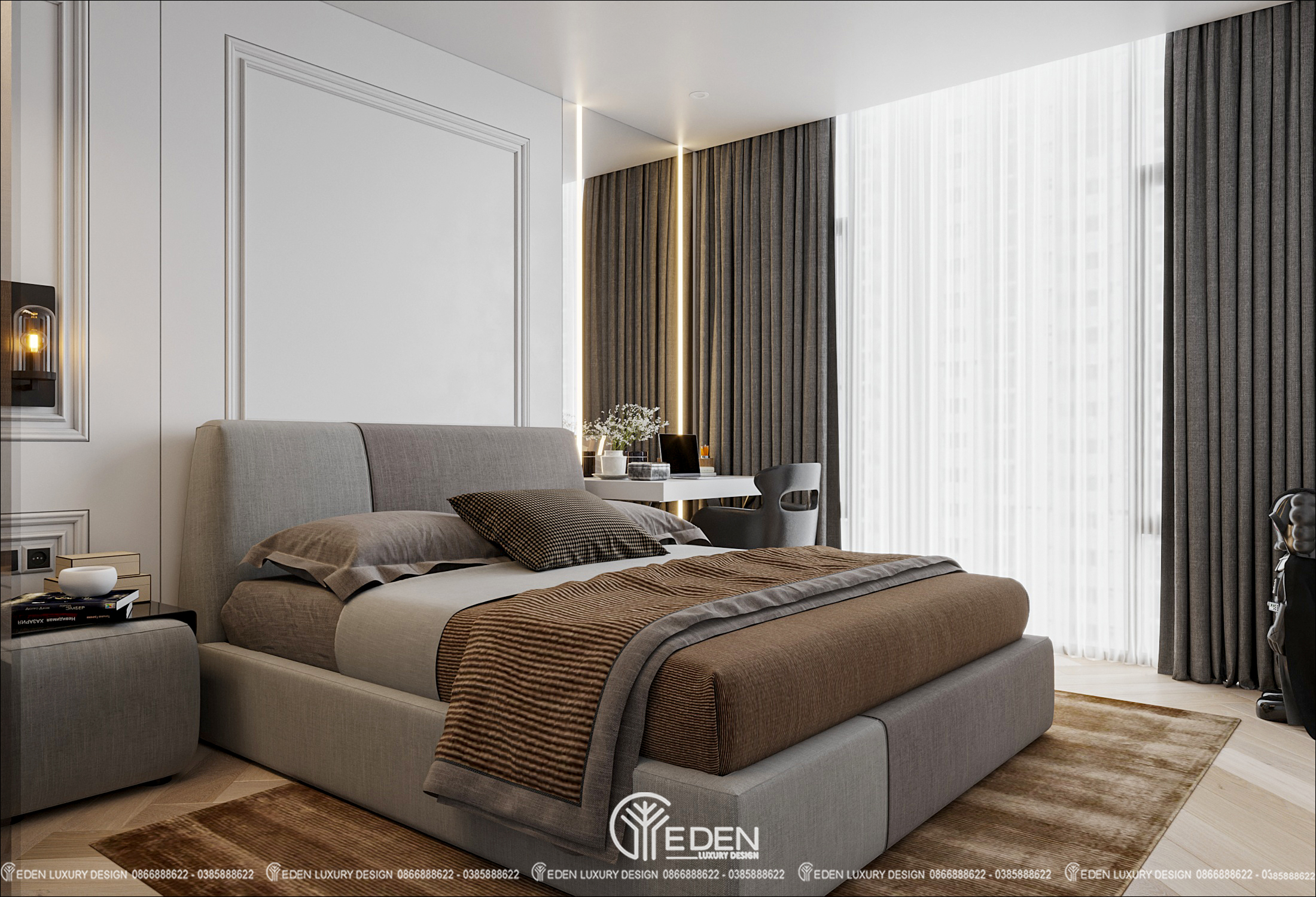 Tấm thảm và bọc nệm màu nâu vàng cùng ánh đèn vàng tạo cảm giác ấm áp, thoải mái, dễ đi vào giấc ngủ.