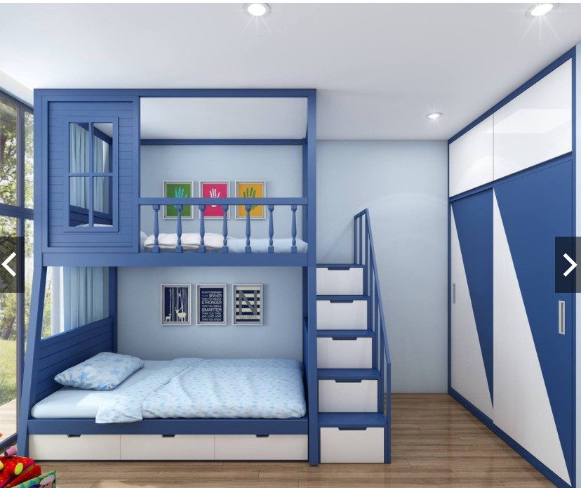 Biến tấu một chút ở phụ kiện tranh treo tường là có ngay chiếc giường tầng ngôi nhà xanh lam phù hợp với cả 2 bé.