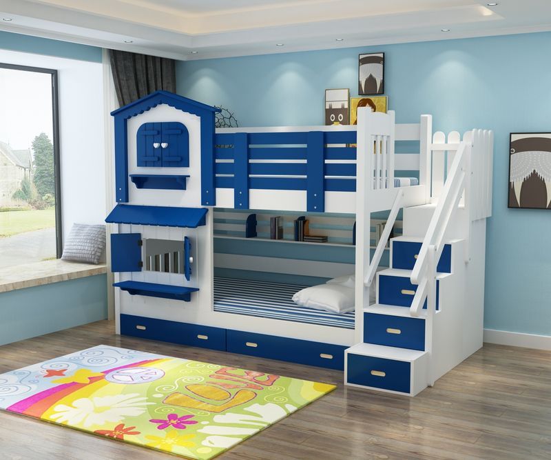 Mẫu 2: Giường tầng ngôi nhà màu trắng & xanh lam cực đẹp cho phòng bé trai.