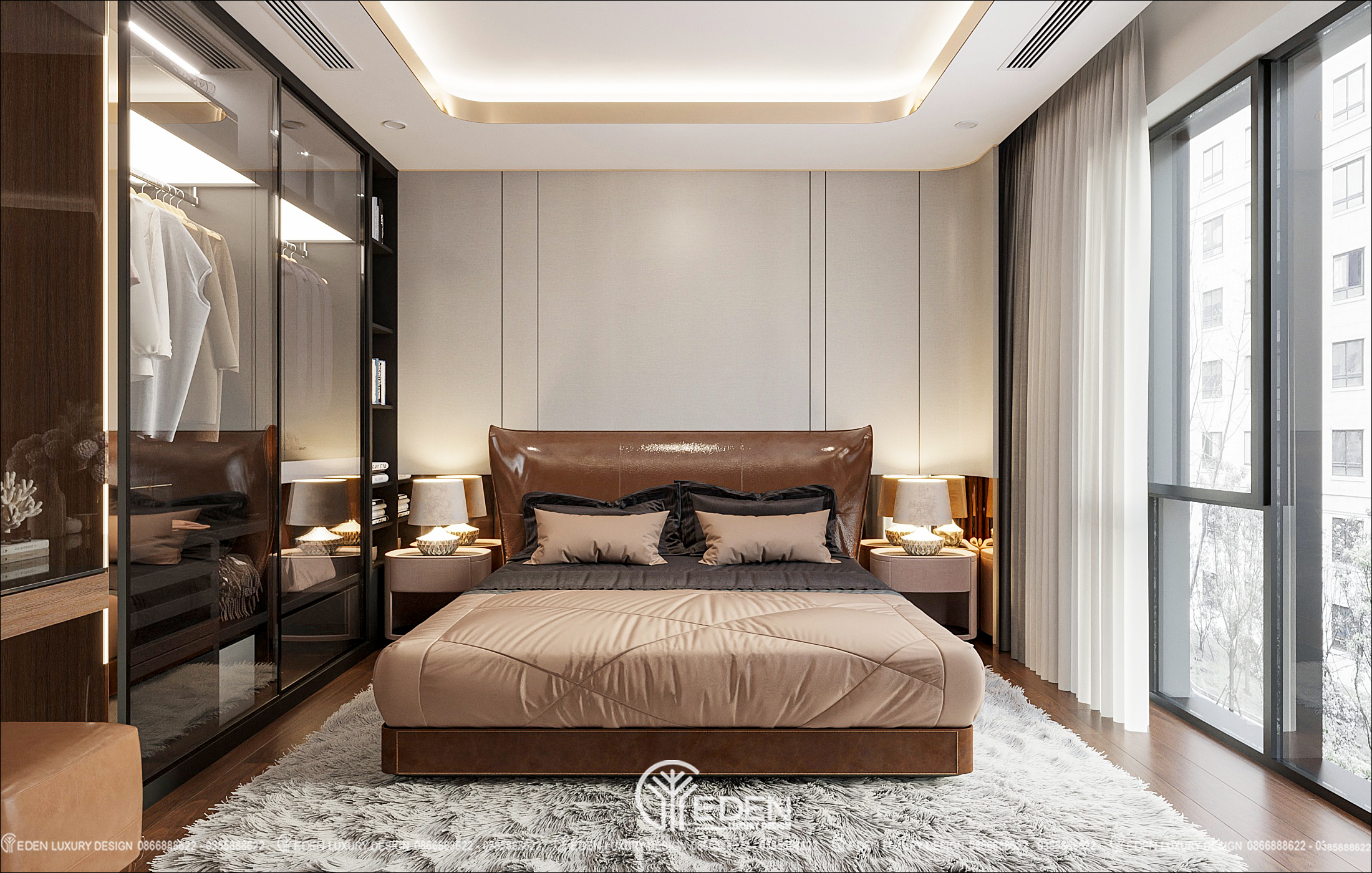 Nâu gỗ ấm áp, nâu da sang trọng đặt cùng những gam màu off white đem đến không gian phòng ngủ tinh tế, đẳng cấp và ấm áp.