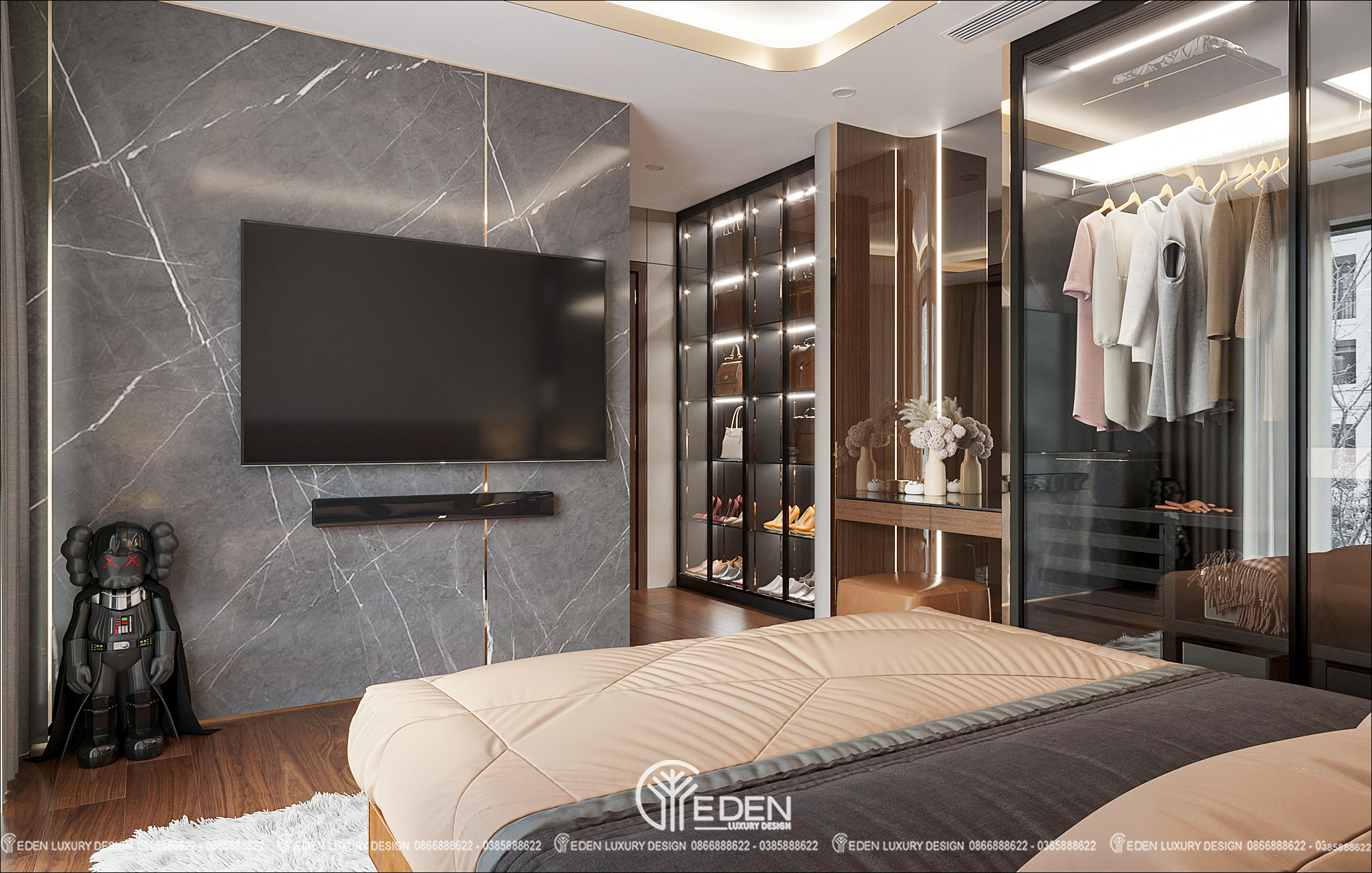 Đá ốp tường, tủ kính trượt khung đen, chỉ phào PU vàng kim...những thiết kế giản đơn nhưng nổi bật, tăng điểm nhấn cho căn phòng nhờ chất liệu mang tính morden luxury của mình.